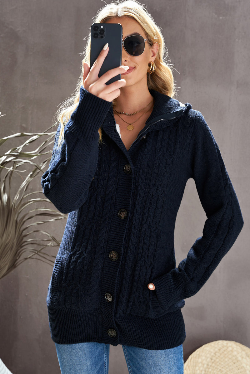 Navy Blue Long Sleeve Button-up Hooded Cardigans