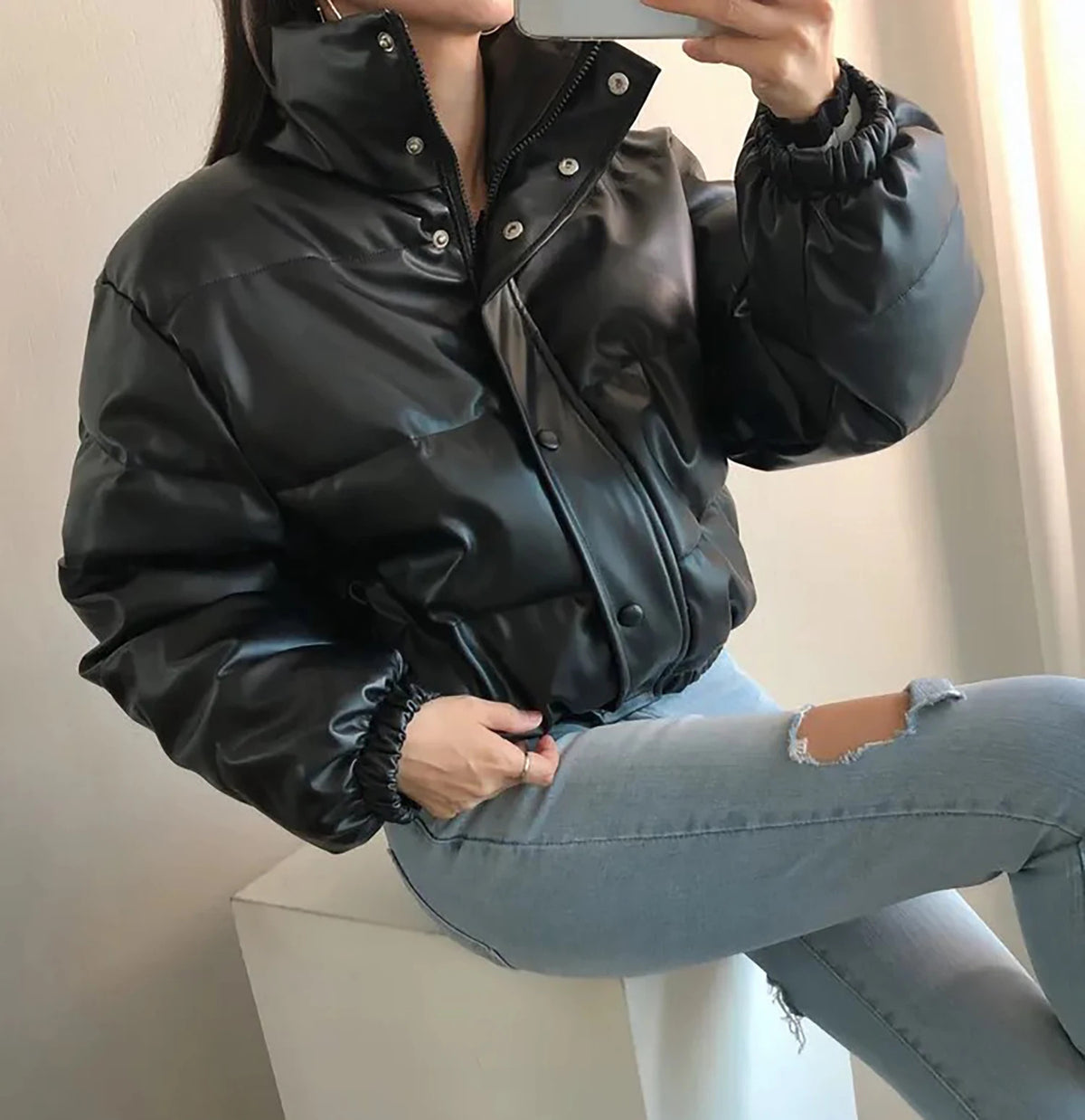 AI.Fashion Winter Thick Black Faux Leather Parkas Women PU Short Coats Women Elegant Zipper Padded Jackets Female Ladies