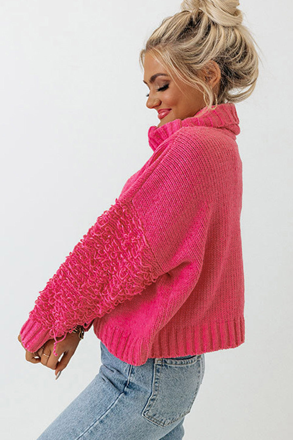 Pink Ribbed Turtleneck Fuzzy Sleeve Knit Sweater