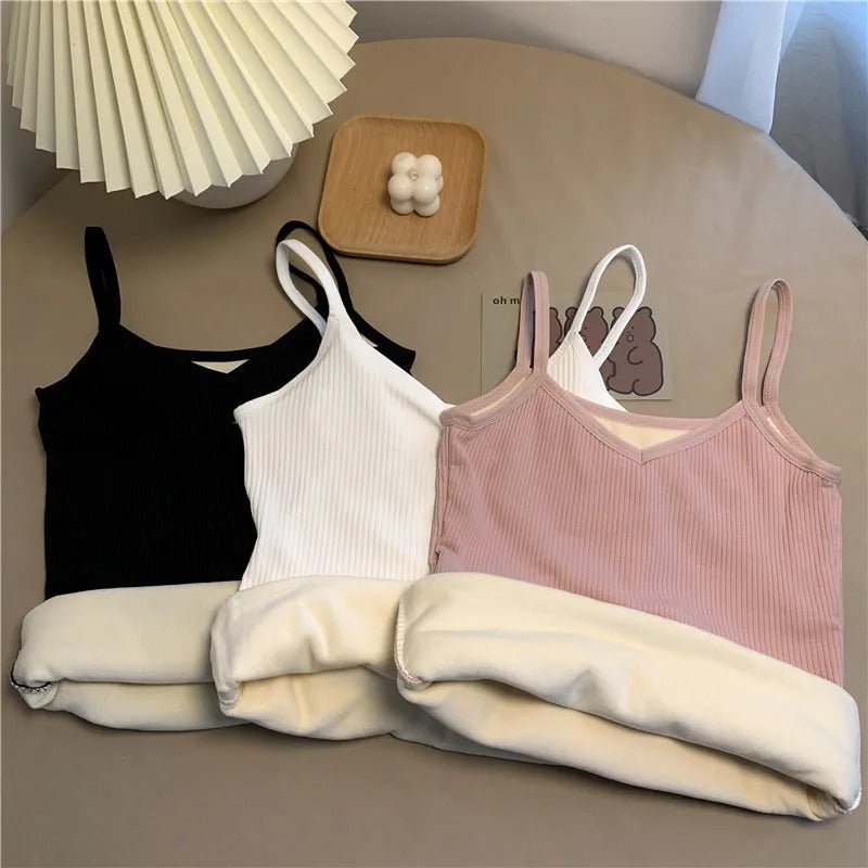 Women Winter Warm Underwear Solid Color Thermal Casual Nightwear Sexy Elasticity Female Thin Velvet T-shirt Sleeveless Tops