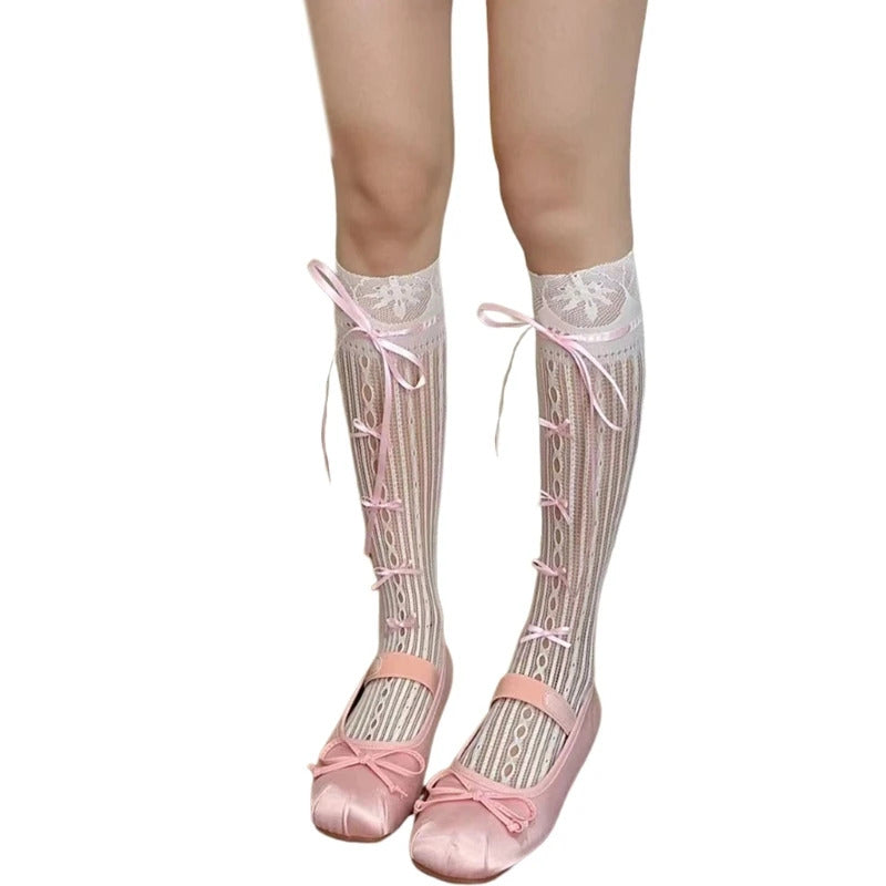 Women Lolita Fishnet Thigh High Socks Japanese Style Heart Striped Lace Patterned Over Knee Long Stockings Ruffled Frilly Kawaii