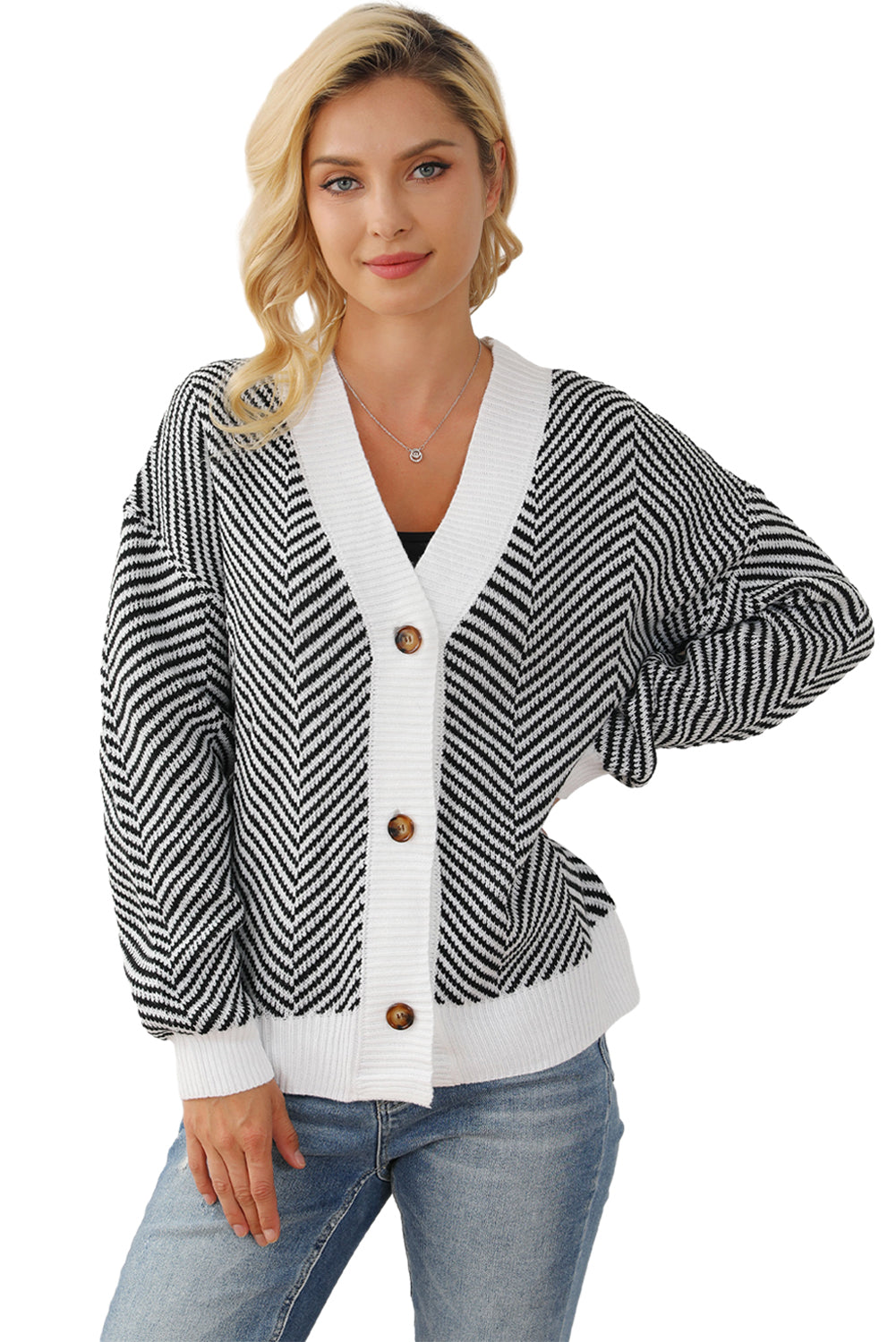 Black Zig Zag Stripe Buttoned Sweater Cardigan