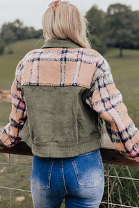 Green Plaid Corduroy Flap Pockets Boxy Chunky Jacket