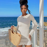 wsevypo Backless Bandage White Beach Dress 2022 New Holiday Casual Streetwear Women Long Sleeve O-Neck Wrap Short Dresses