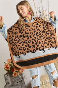 Camel Leopard Print Poncho Sweater