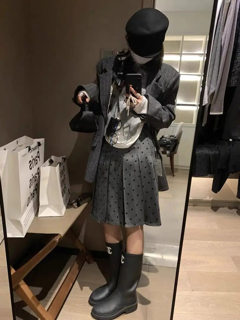 Factory Price Retro Wear Two Sides Wear Pleated Polka-dot Skirt Women 2024 Fall/winter New Fashion Gray A-line Skirt