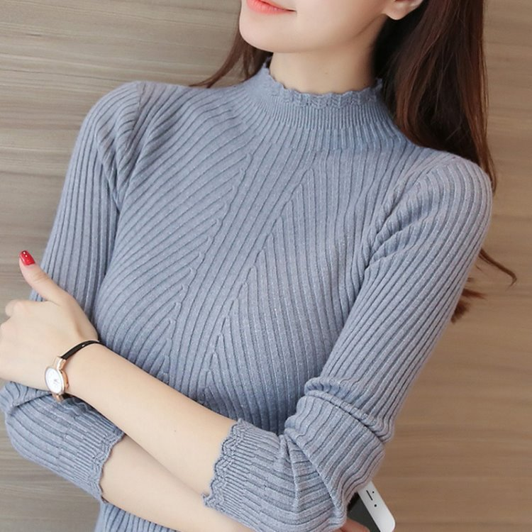 EVNISI Autumn Women Mock Neck Ruffles Sweater Long Sleeve Knitted Bottoming Solid Pullovers Stripe Women Casual Sweater Winter