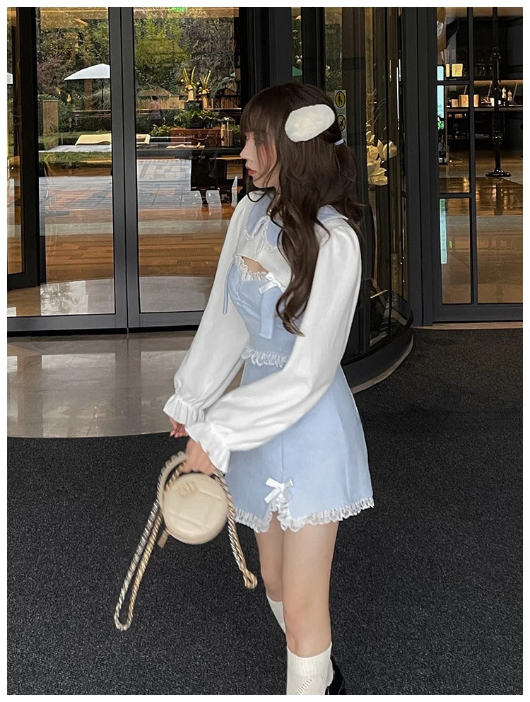 Lace Japanese Sweet Lolita Dress Women Bow Pink Kawaii Party Mini Dresses Female Blue Princess Korean Fashion Dresse Winter 2024