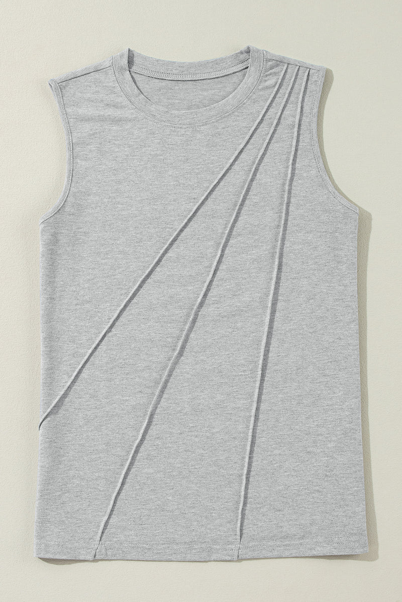 Gray Crew Neck Pleated Tank Top