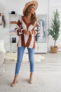 Gray Striped Colorblock V Neck Knitted Sweater