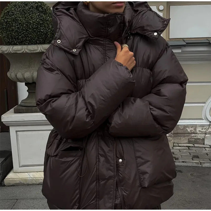 2024 Women Fashion Solid Drawstring Quilted Cotton Coat Winter Thicken Warm Pockets Zipper Hooded Jackets Chic Ladies Streetwear