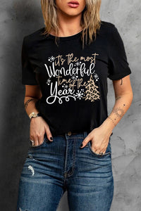 Black Wonderful Christmas Season Leopard Graphic Tee