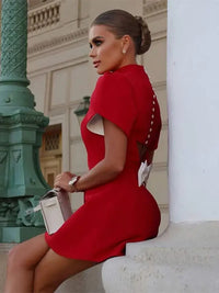 Fashion Red Bow Mini Dress Short Sleeve Women Pad Shoulder Dresses  Backless Hollow Out Ladies Summer Chic A-line Party Vestidos