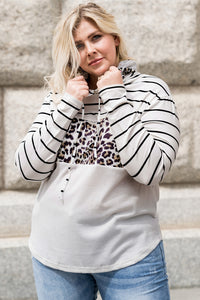 White Striped Leopard Block Patchwork Plus Size Hoodie