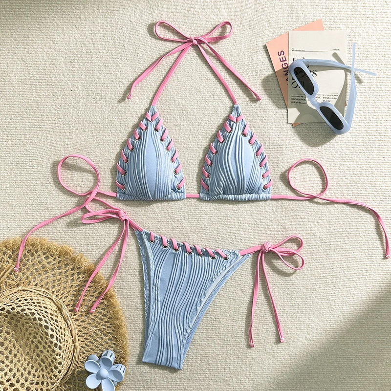 2024 Halter Wrinkled Weave Bikini Women Swimwear Female Swimsuit Two Pieces Bikini Set Brazilian Bathing Suit Swim Beach Wear