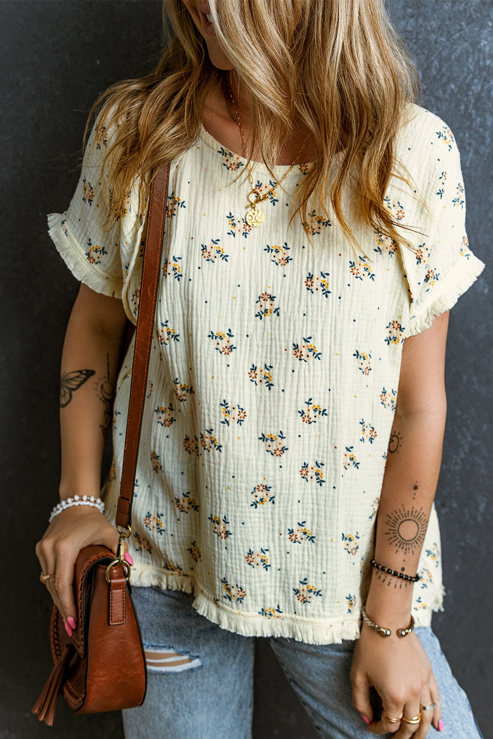 Beige Floral Detail Fringe Trimming Textured Top