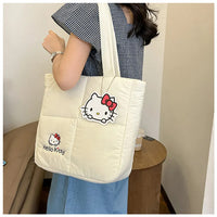 2024 New Sanrio Handbag Cartoon Cute Down Fabric Kuromi Tote Bag Shoulder Pacha Dog Cute Stationery Bag Large Capacity Handbag