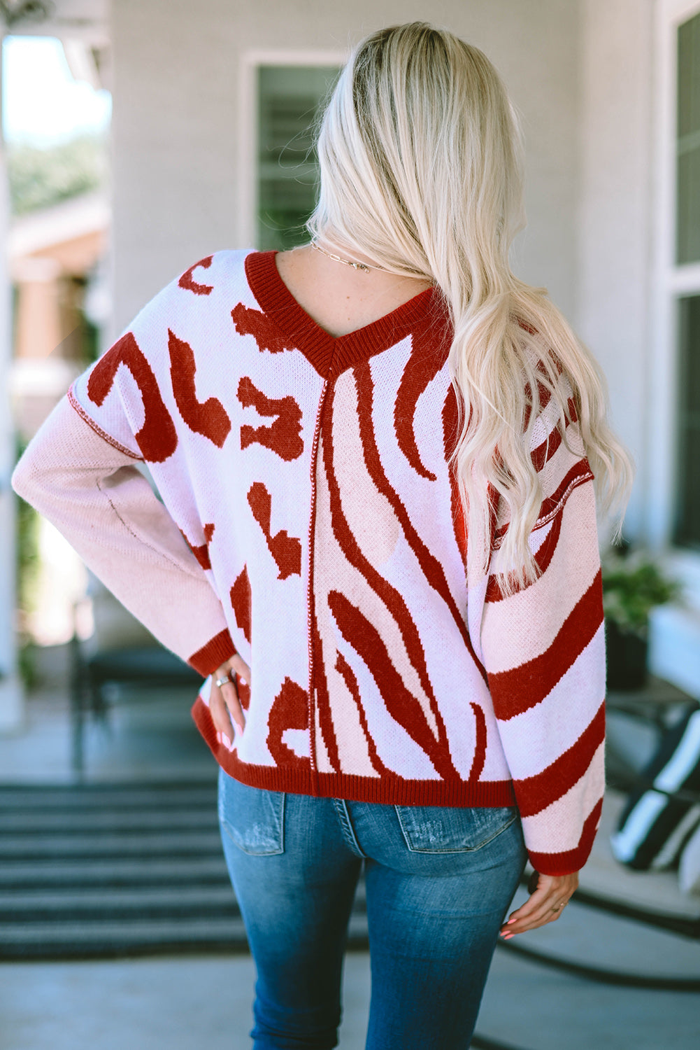 Red Mix Pattern Knit Ribbed Trim Oversize Sweater