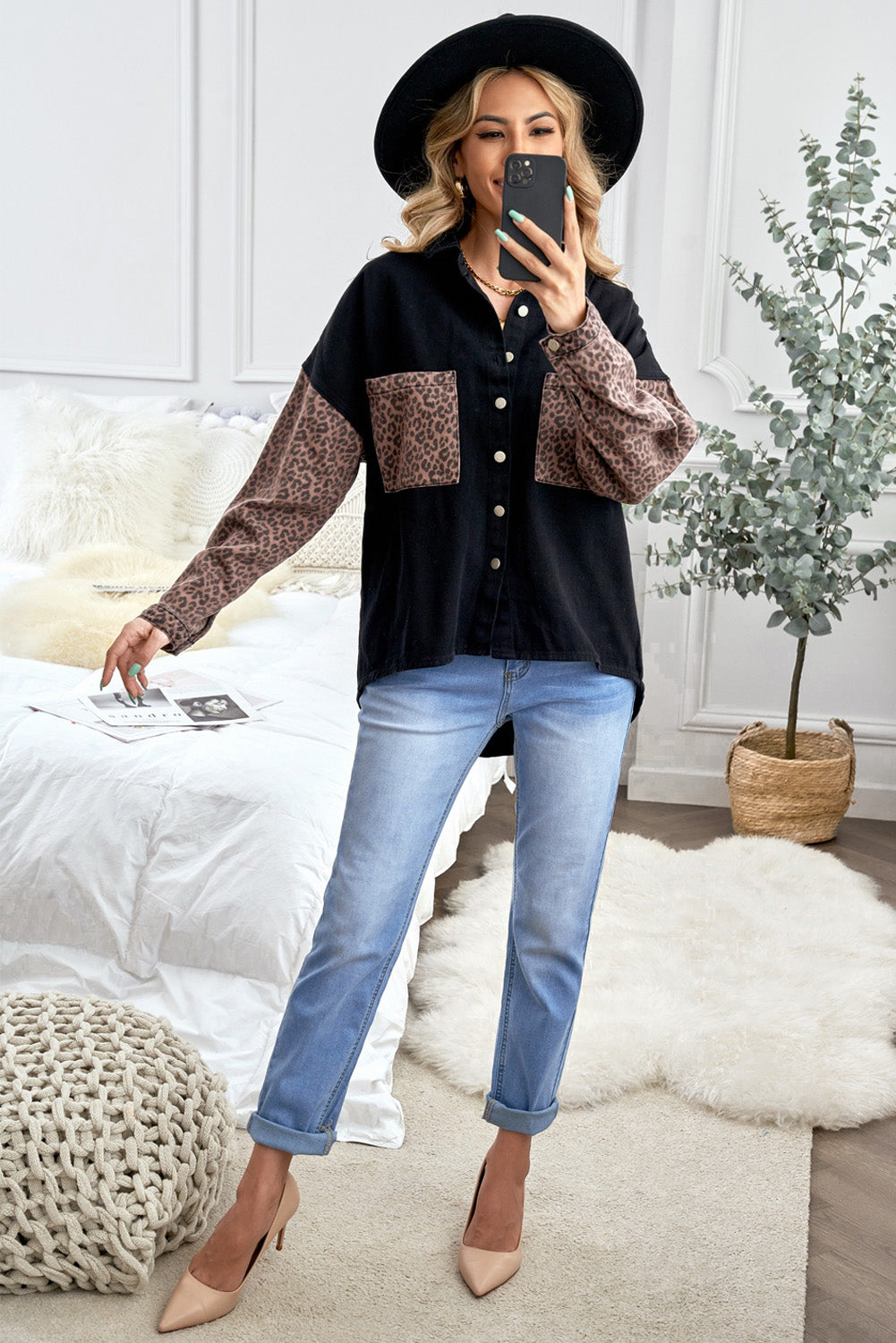 White Contrast Leopard Denim Jacket