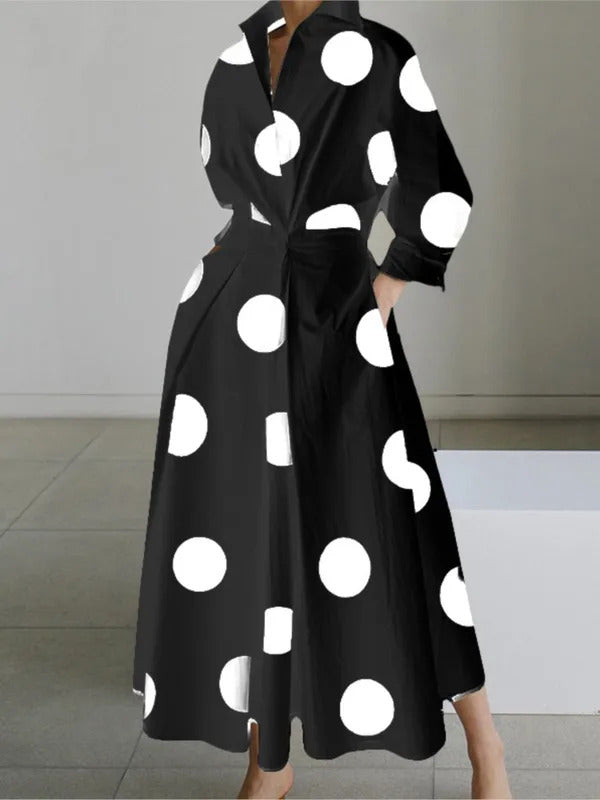 Autumn Dress Long Sleeve Dot Print Elegant Maxi Dresses For Women 2024 White Casual V Neck Shirt Party Long Dress Robe Femme