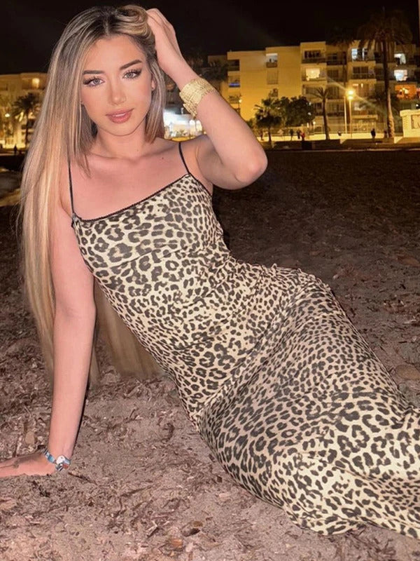 Hugcitar 2024 Fashion Leopard Print Slips Backless Sexy Bodycon Maxi Dress Summer Women Casual Clothes Beach Party Vacation Club