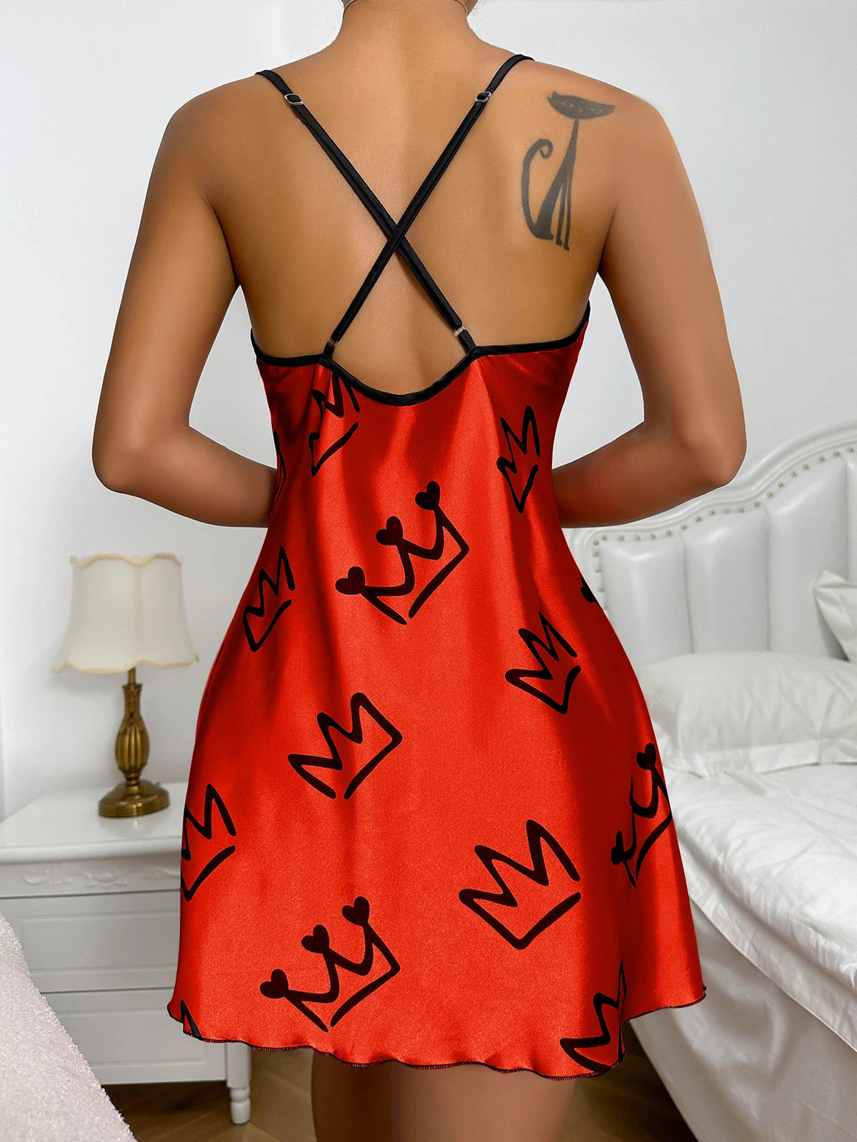 Heart Print Nightdress Elegant Scoop Neck Criss Cross Back Sleep Dress  Women's Sleepwear