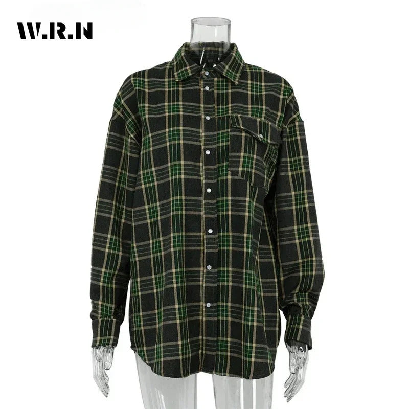 Clacive Fashion Baggy Plaid Women'S Blouse Elegant Lapel Long Sleeve Shirts And Blouses Vintage Pocket Lace-Up Top Female