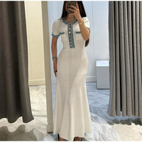 Women's Metal Single Breasted Knitted Maxi Dress V-neck Pleated Wrapped Hip Bodycon Dresses 2024 Elegant High Street White Robes