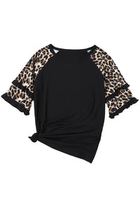 Blank Apparel - Black Ruffled Leopard Sleeve Patchwork Top