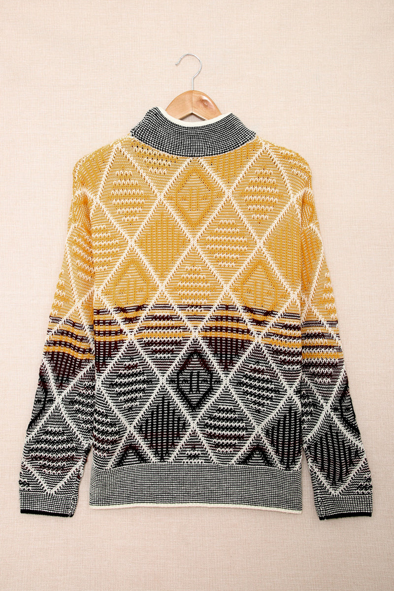 High Neck Geometric Colorblock Sweater