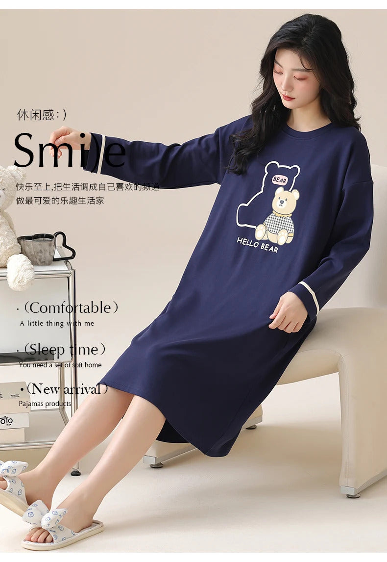 M-5XL Plus Size Autumn Spring Women Long Nightgowns Pullover Loose Bra Padded Sleepshirt Casual Cotton Nightdress Leisure Shirt