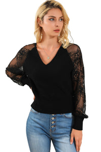 Black V-Neck Lace Sleeve Pullover Sweater