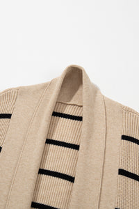 Black Stripe Shawl Neckline Open Cardigan with Pockets