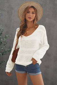 White Loose Long Sleeve V Neck Open Knit Sweater