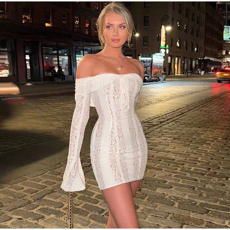 White Floral Lace Off-shoulder Maxi Dress For Women Elegant Strapless Backless Long Sleeve Bodycon Robes 2024 Lady Party Dresses