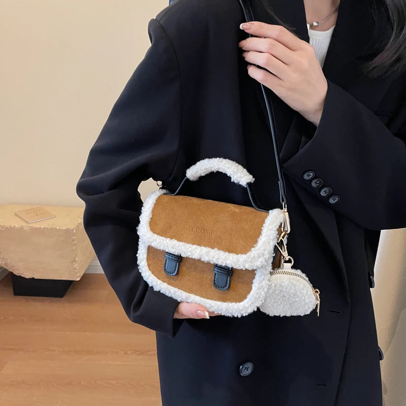 2023 Winter New Women's Plush Small Square Bag Color Contrast Design Single Shoulder Crossbody Bag Brown Handbag