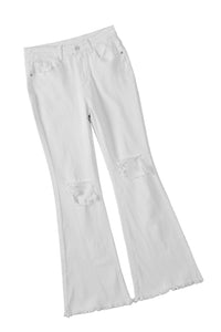 White Distressed Hollow-out Knee Frayed Flare Jeans