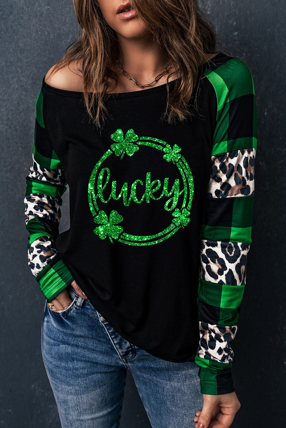 Green Lucky Clover Graphic Leopard Plaid Long Sleeve Top