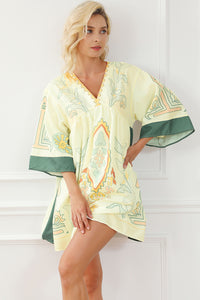 Multicolour Boho Print V Neck Empire Waist Short Kimono Dress