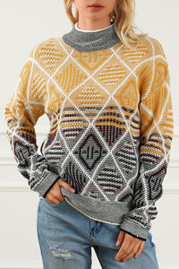 High Neck Geometric Colorblock Sweater