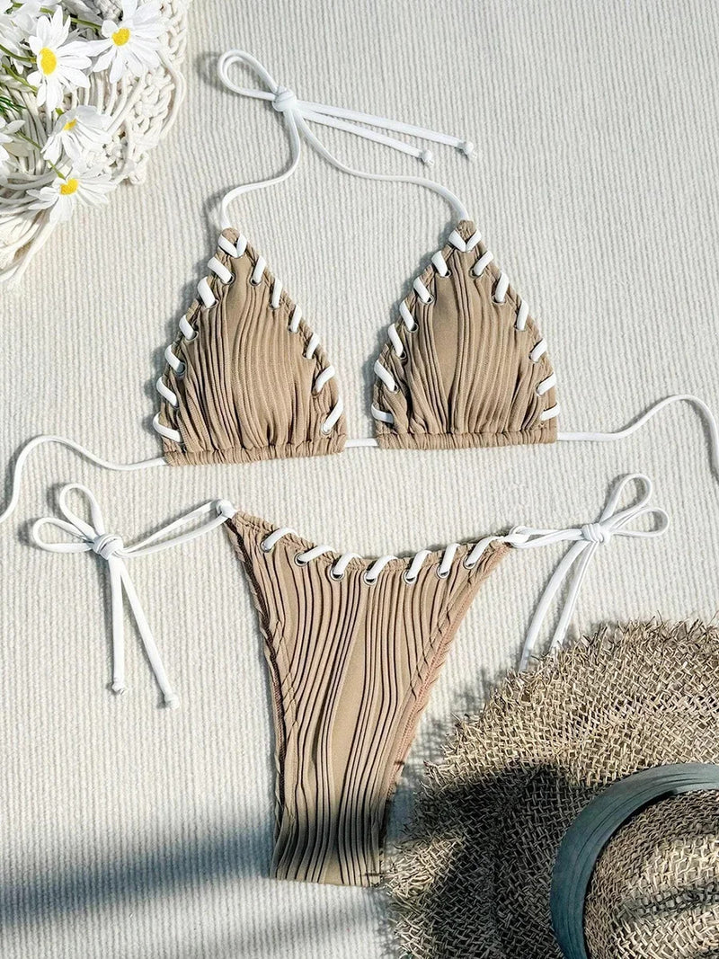 2024 Halter Wrinkled Weave Bikini Women Swimwear Female Swimsuit Two Pieces Bikini Set Brazilian Bathing Suit Swim Beach Wear