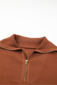 Brown Solid Ribbed Trim Plus Size Zip Collar Sweater