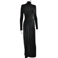 Mozision Turtleneck Thigh High Split Sexy Maxi Dress For Women Fashion Long Sleeve Draped Bandage Bodycon Club Long Dress