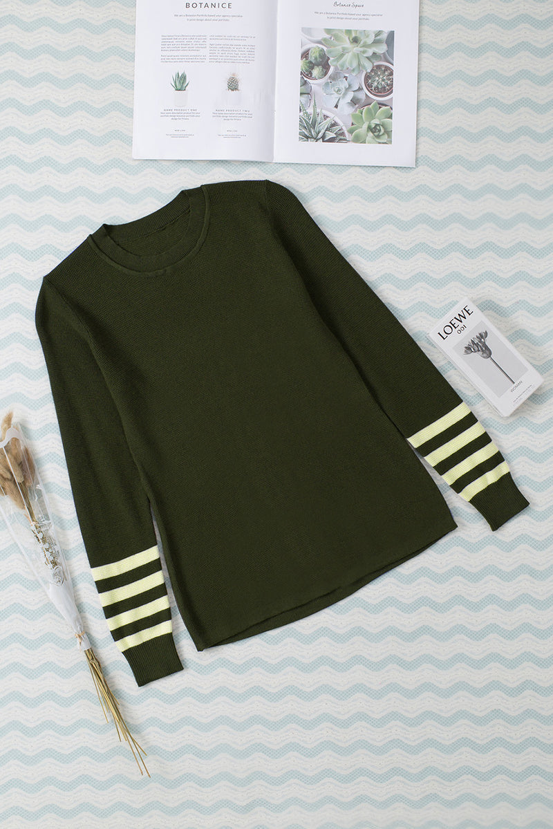 Gray Striped Sleeve Plain Knit Sweater