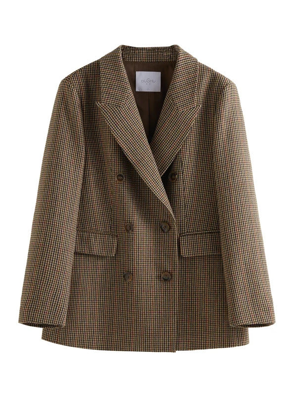 DUSHU Plus Size 40.4% Wool Women Blazers Grid Pattern 2024 Winter Retro Brown Women Casual Loose Blazer Coat 24DS84354