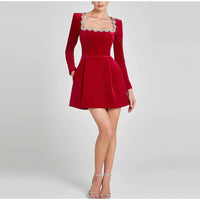 Slim Rhinestone Square Collar Dress Women Elegant Velvet Long Sleeve High Waist A-line Mini Dresses 2025 New Lady Party Vestidos