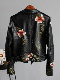 Ly Varey Lin Floral Print Embroidery Faux Soft Leather Jacket Women Pu Motorcycle Coat Female Black Punk Zipper Rivet Outerwear