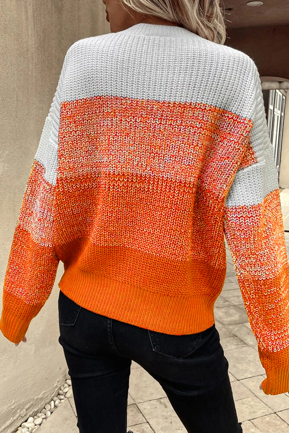 Orange Color Block Drop Shoulder Ribbed Trim Sweater