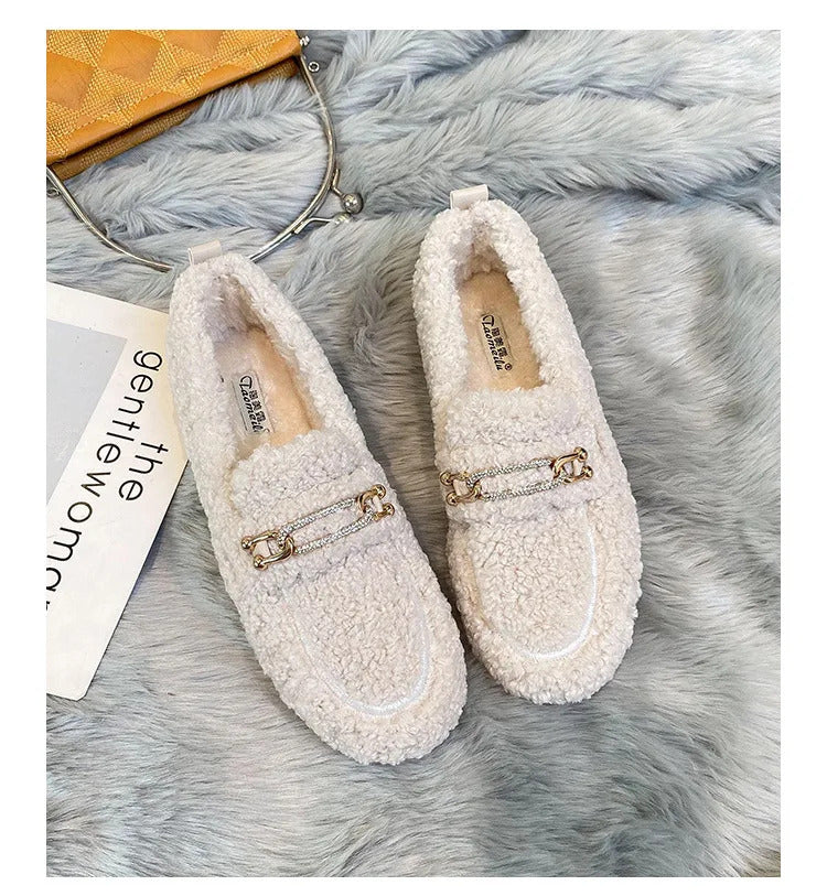 Luxury Sheep Fur Lined Loafers Women Lambswool Shoes Ladies Winter Slip On Furry Flats Cotton Wool Mocasine Femme Barefoot Boots