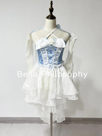 French Romantic Style Lolita Op Elegant Girl Cosplay Princess Puff Sleeve Ribbon Bowknot Flower Tunic Mesh Fantastic Fairy Dress